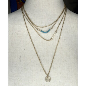 Jules Smith Gold Tone Multi-Strand Necklace Boho Turquoise Hammered Pendant0